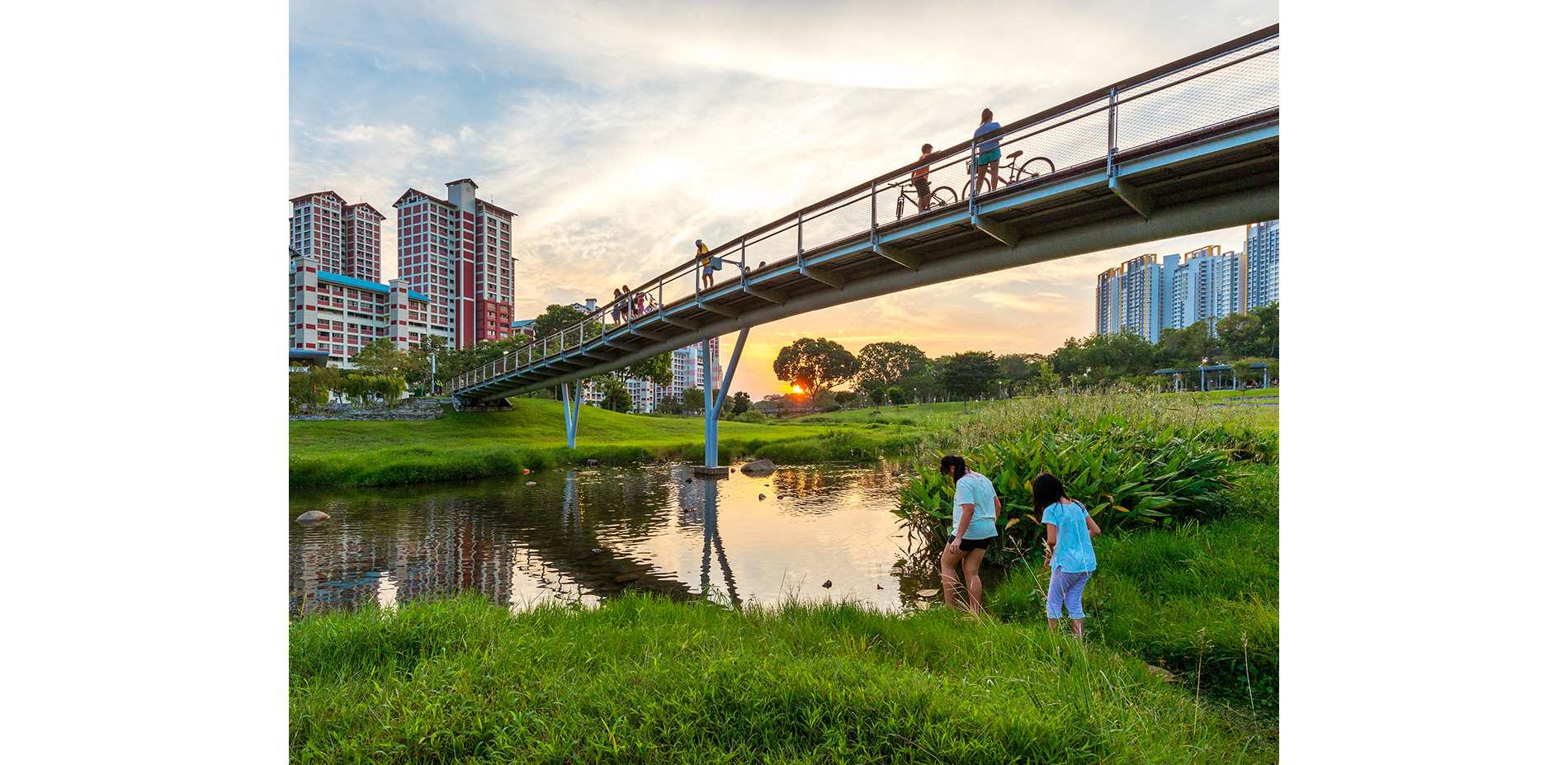 People on Bridge Spanning River