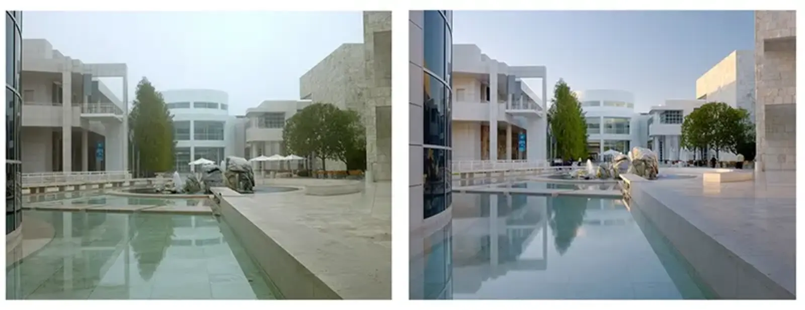 Getty Museum in Los Angeles by OLIN. Image on the left is with overcast sky; the image on the right is before sunset / Marion Brenner 