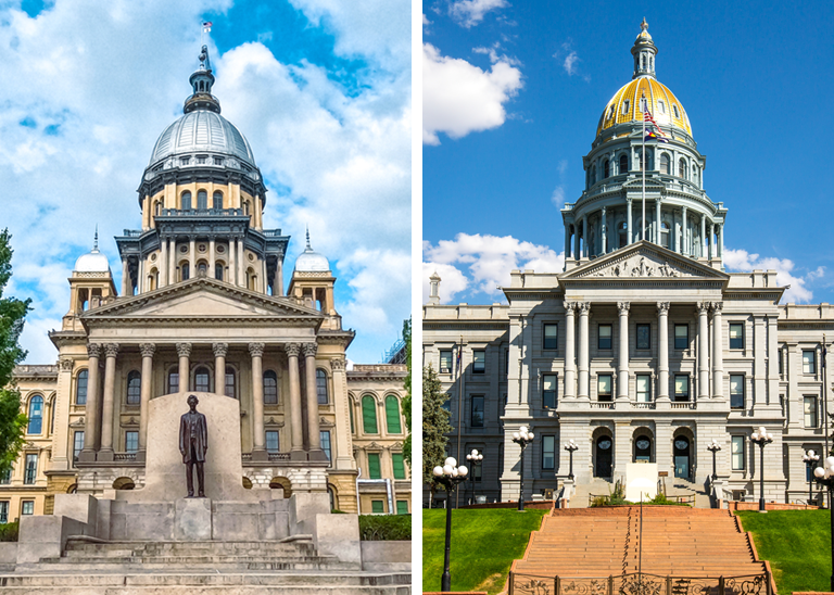The Illinois and Colorado State capitol buildings