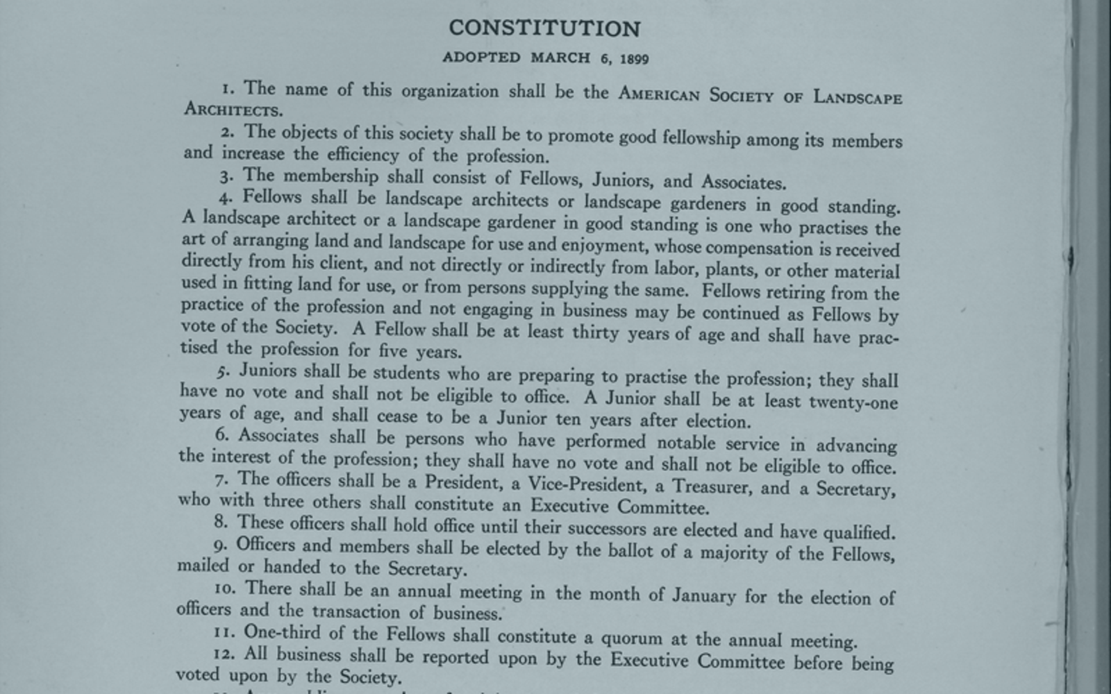 The original ASLA Constitution, adopted March 6, 1899